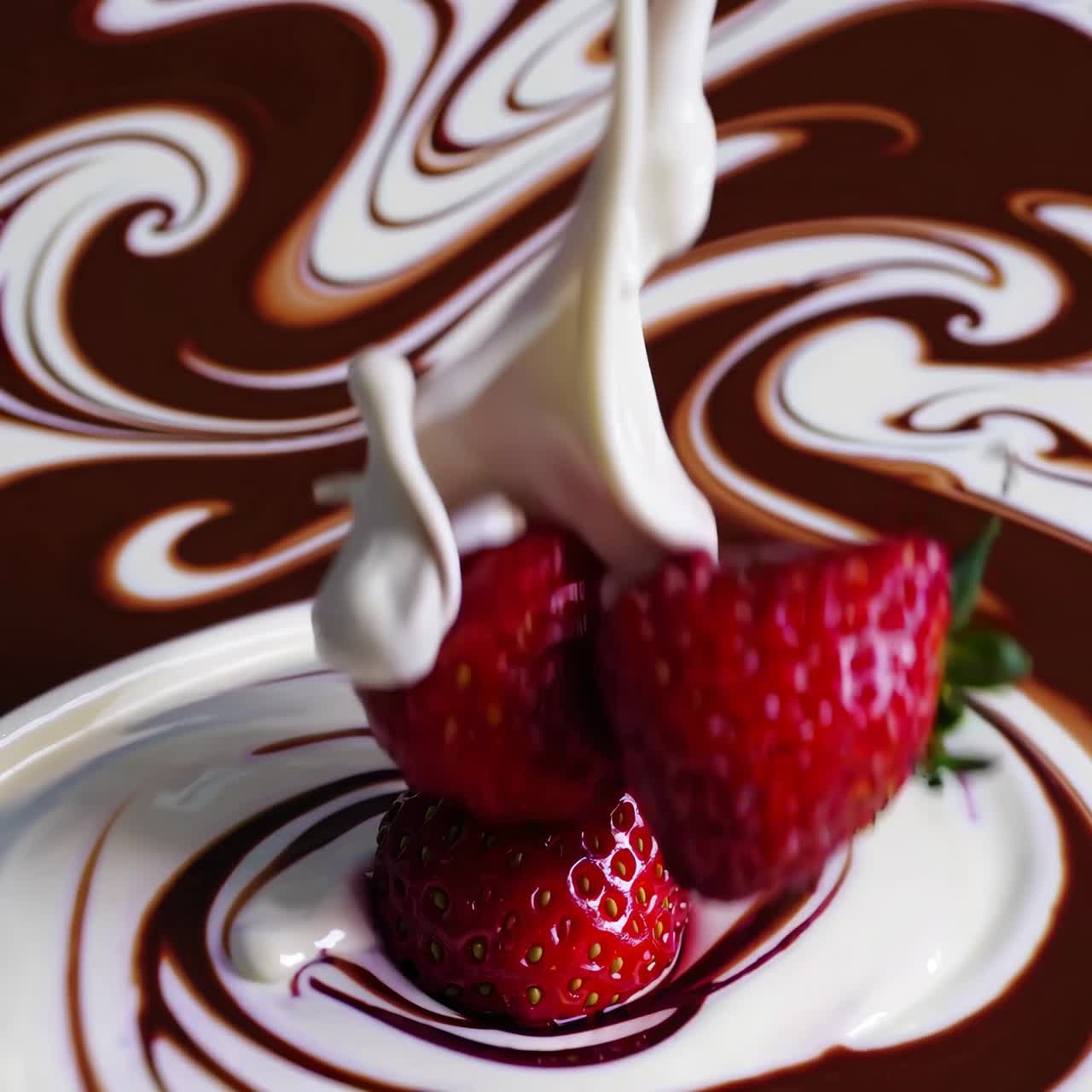 Close-up video shot of strawberries draped in swirling chocolate and cream, creating a dynamic