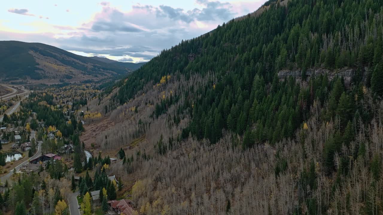 Scattered yellow fall foliage with leaveless bare trees up to evergreens on slopes high above town of Vail Colorado, drone establishing pan