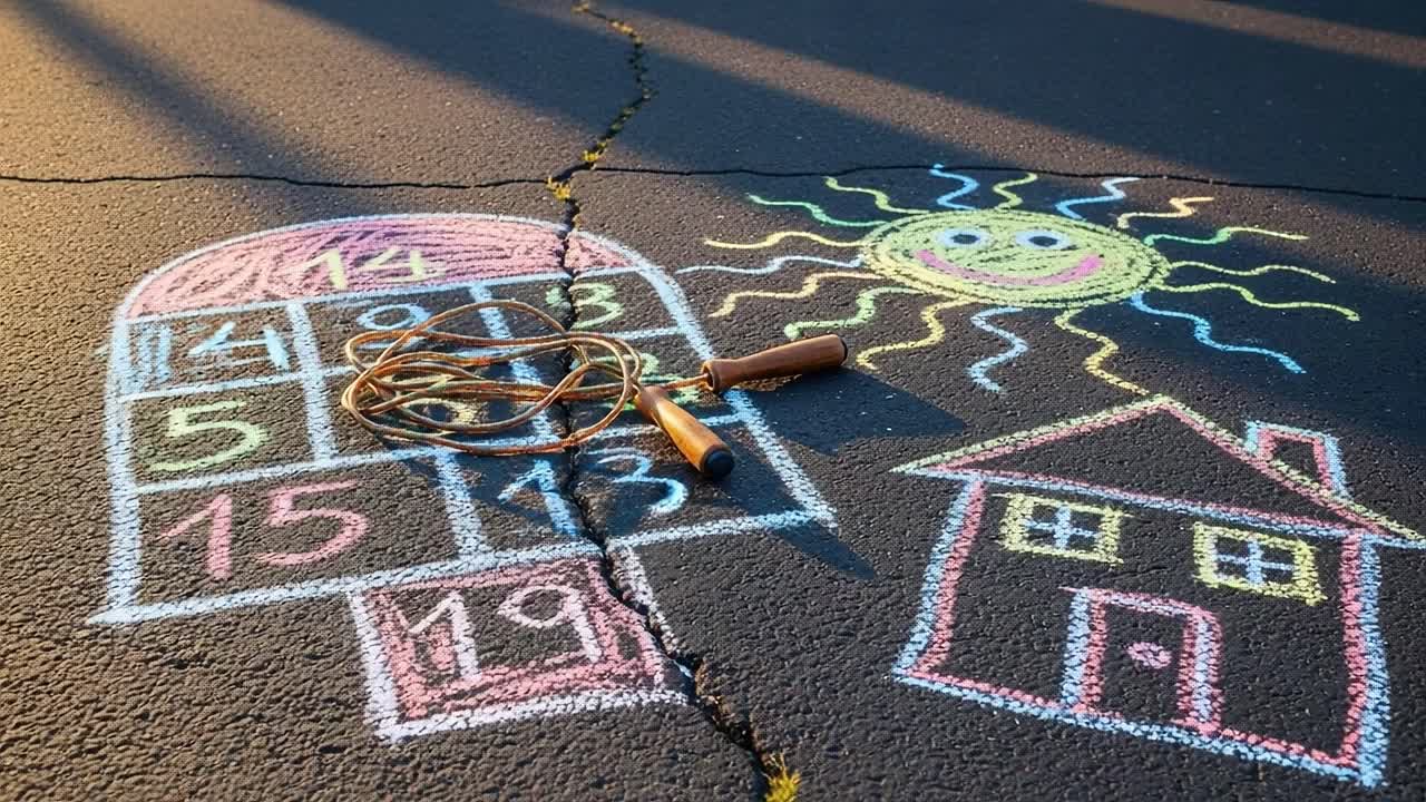 Colorful Outdoor Playtime: A Joyful Scene with Chalk Drawings of a House, a Sunny Face, and a Number Game on Pavement, Inviting Imagination and Fun