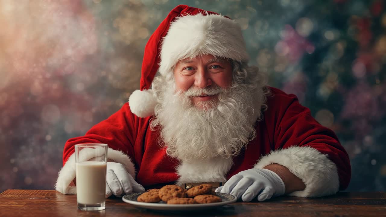 Santa noticing camera, shifting to lean at table at home, with cookies and milk, welcoming viewers
