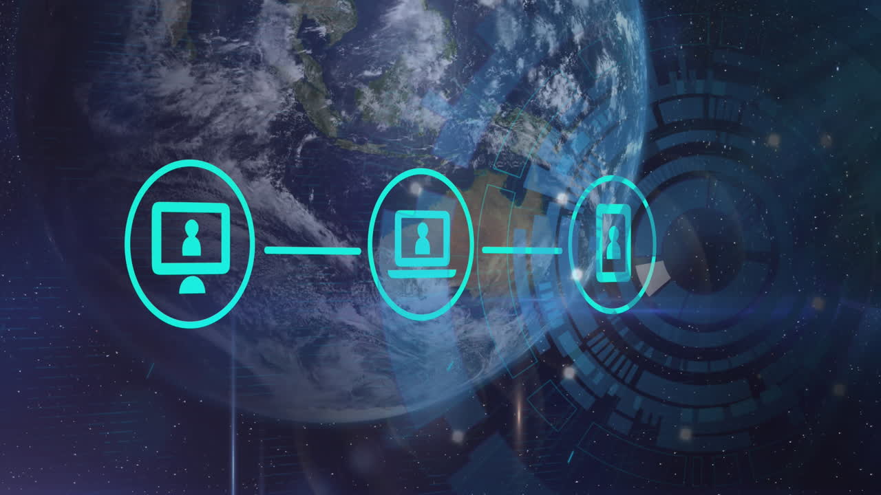animación de diagrama de flujo de iconos con círculos de carga sobre el globo contra el espacio