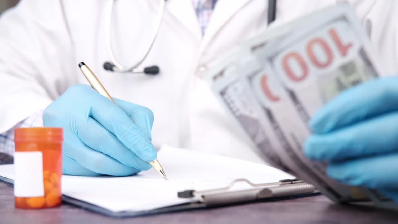 Doctor Writing Prescription While Holding Money