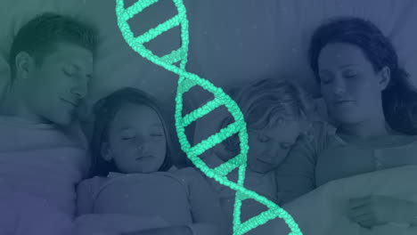 animación de 3d cadena de adn verde girando sobre la familia dormida