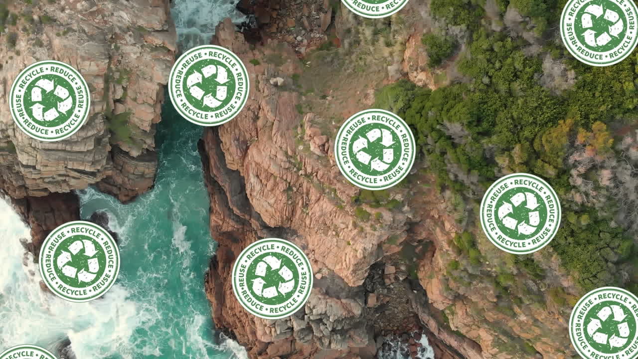 animación de iconos de reciclaje, sostenibilidad y ecología sobre el paisaje