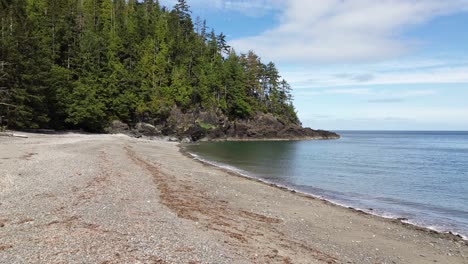 A-Beach-at-Moresby-Island-in-British-Columba-with-Calm-Waters-Rolling-Over-the-Sand-and-Green-Tall-Trees-Along-the-Rocky-Coastline