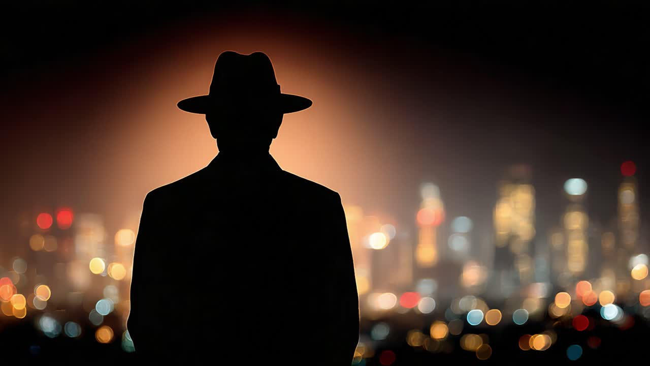 Una silhouette misteriosa sullo sfondo di uno skyline urbano vivace: cattura l'essenza dell'intrigo e dell'enigma nelle notti in città