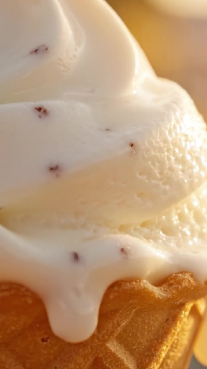 チョコフレークがけのクリーミーなソフトクリーム。サクサクのワッフルコーンに完璧に収まり、最高の満足感。