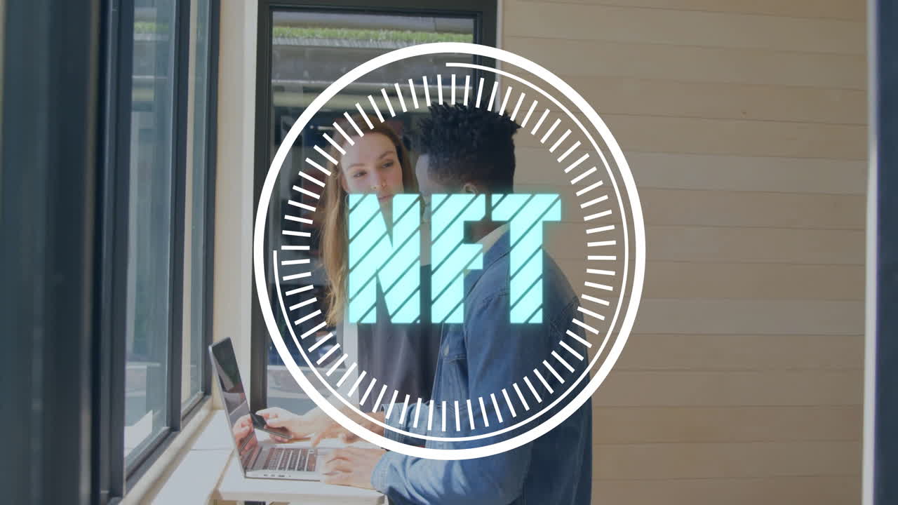 Discussing NFT concept, people in office with digital animation overlay