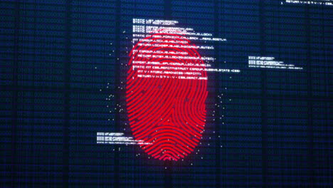 fingerprint scanning and data processing animation over binary code background