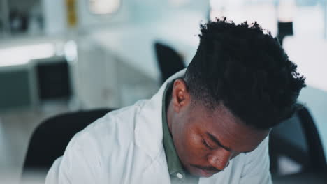 black man, scientist and reading data with science