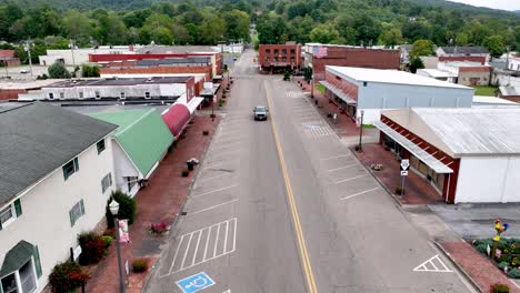 aerial-over-street-in-mountain-city-tennessee,-small-town-america,-hometown