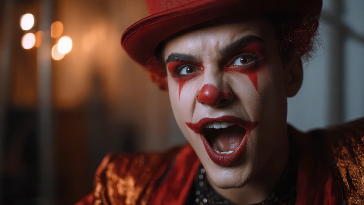 Intense Expressions of a Clown: Capturing a Disturbing Transformation from Excitement to Malice, Showcasing the Duality of Clowning in this Suspenseful Scene