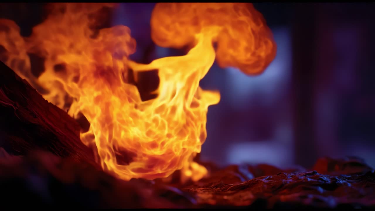 Nærbillede af flammer, der danser levende mod en mørk baggrund, og viser den dynamiske bevægelse og intensitet af ild i en fængslende visuel oplevelse.