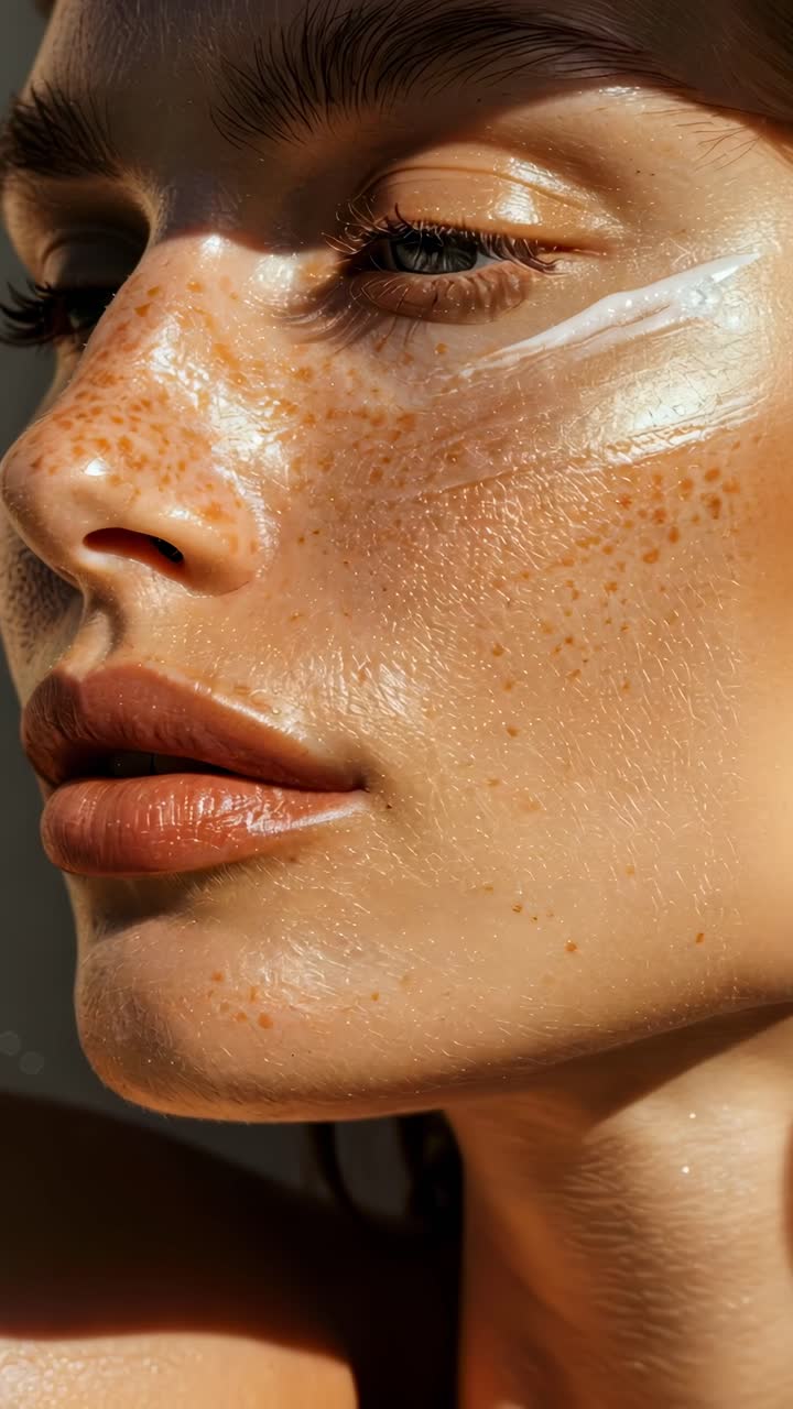Close-up video concept of a woman's face with natural freckles and glossy skin, shot from a side