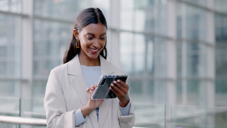 smartphone, business and happy indian woman