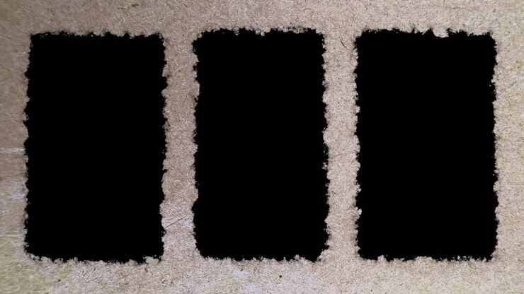 Three vertical black boxes for video or image in video with grey red textured paper background, ready for luma key