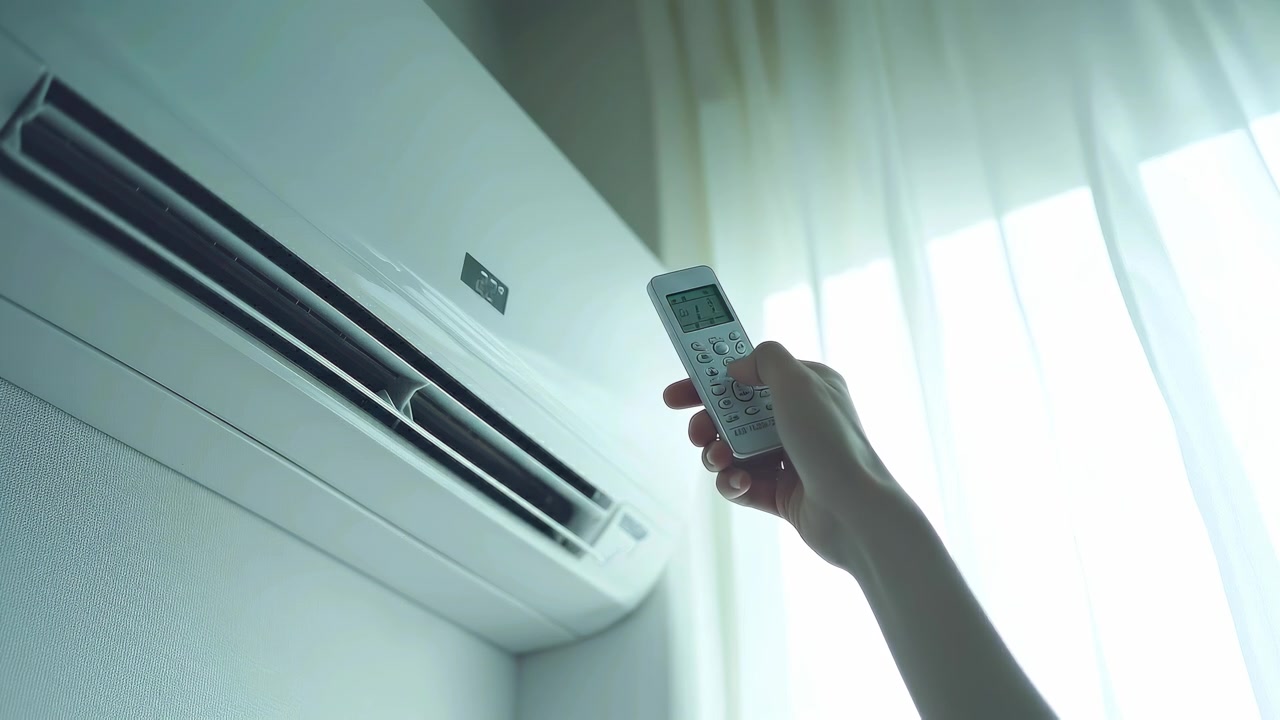 Persoon die de temperatuur van de airconditioner aanpast met een afstandsbediening
