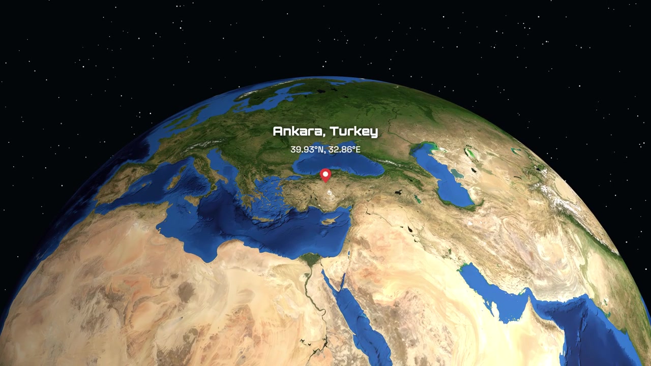 Digital animation zooms from space into Earth, centering on Ankara, Turkey with coordinate markers