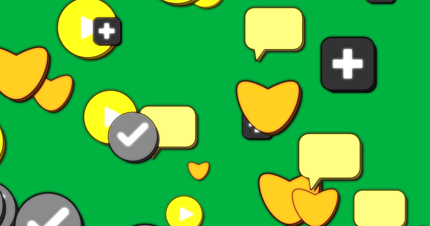 Icons starting at edges, entering, clustering, pulsing, showing reactions on transparent backdrop