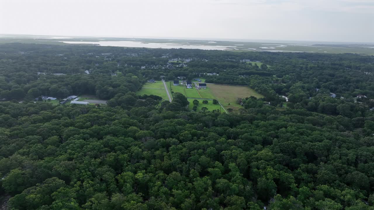 Aerial wide shot of forest landscape and small village houses in suburb of town. Atlantic Oceans and wetland of stone harbor, New Jersey in distance. Cloudy sunny morning in USA. Peaceful scene