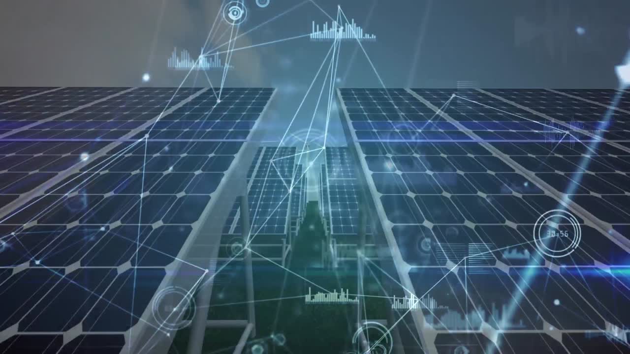 태양 전지 패널 위에 아이콘으로 연결된 네트워크의 애니메이션