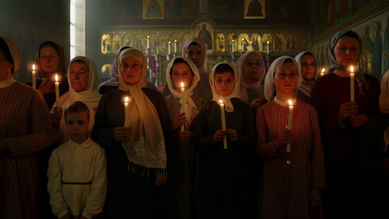 Gruppo di donne e bambino che tengono candele in una chiesa scarsamente illuminata
