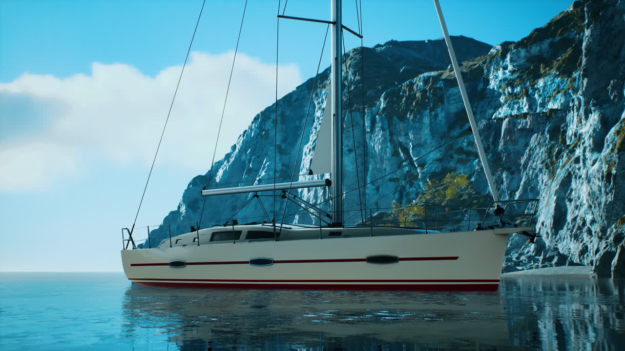 yate en el mar con isla rocosa verde