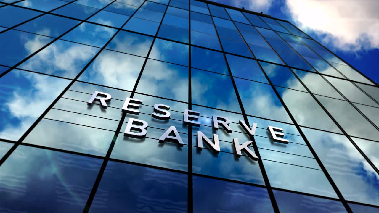 Reserve Bank glass skyscraper with mirrored sky loop animation