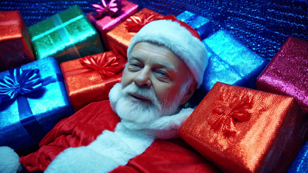 A Joyful Holiday Scene Featuring a Smiling Individual Dressed as Santa Claus Surrounded by Colorful Gift Boxes in a Festive Atmosphere, Perfect for Celebrating the Holiday Spirit and Giving