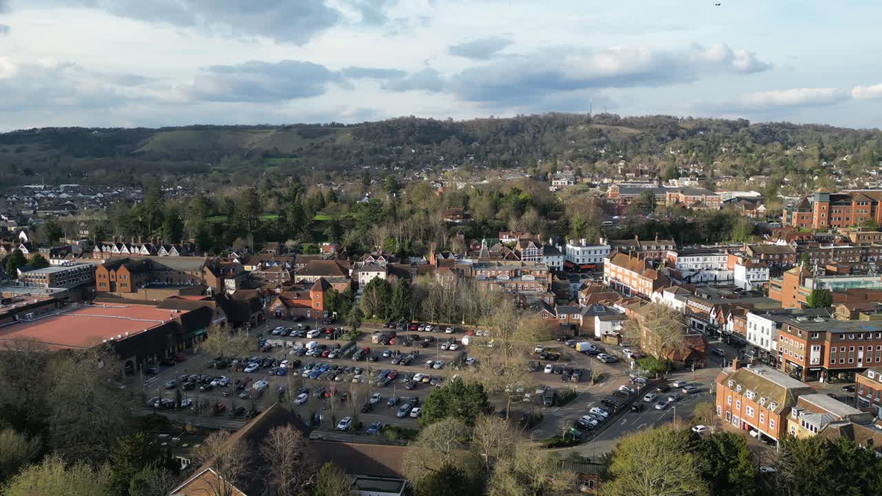 Aerial sweep over Reigate town showcases its charm and vibrant community from above
