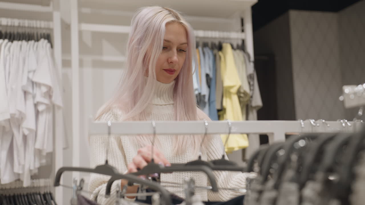Elegant woman with pastel hair wearing turtleneck sweater stands before clothing racks, sliding hangers, smiling in satisfaction while choosing wardrobe addition under warm boutique lighting
