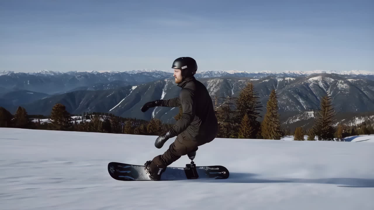 Snowboarder with prosthetic leg snowboarding in the mountains