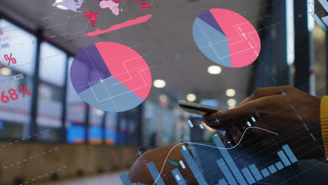 animation of statistical data processing against mid section of woman using smartphone
