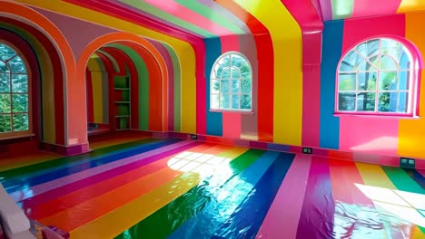 a brightly colored room with arched windows and a rainbow colored floor