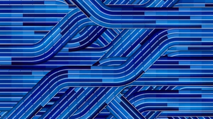 Abstract interwoven network of blue segmented bands moving continuously, high-tech backgrounds and data visualization concepts