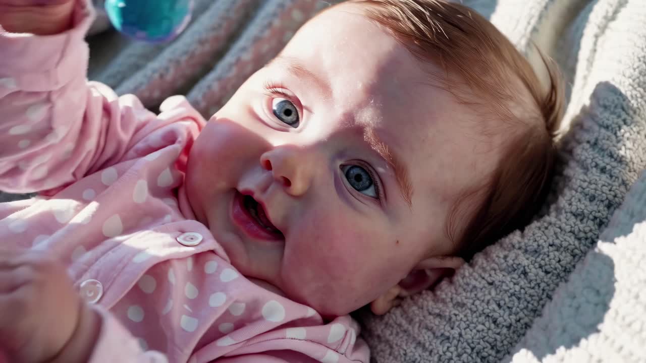 Close-up video of a baby in a pink polka dot outfit, lying on a blanket, looking upwards