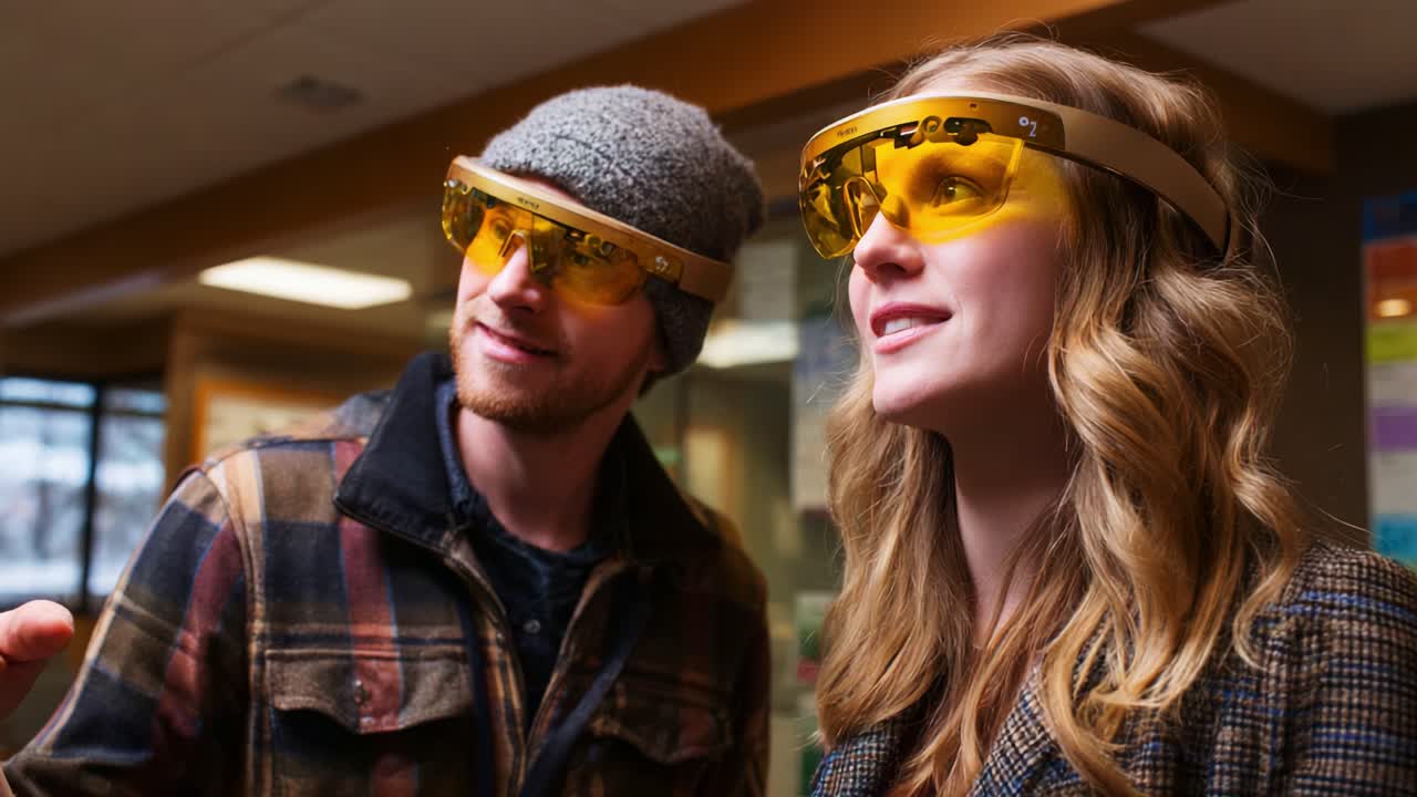 Exploring Innovative Technology: A Young Couple Engaged with Futuristic Smart Glasses in a Modern School Environment, Showcasing Their Curiosity and Enthusiasm for Learning