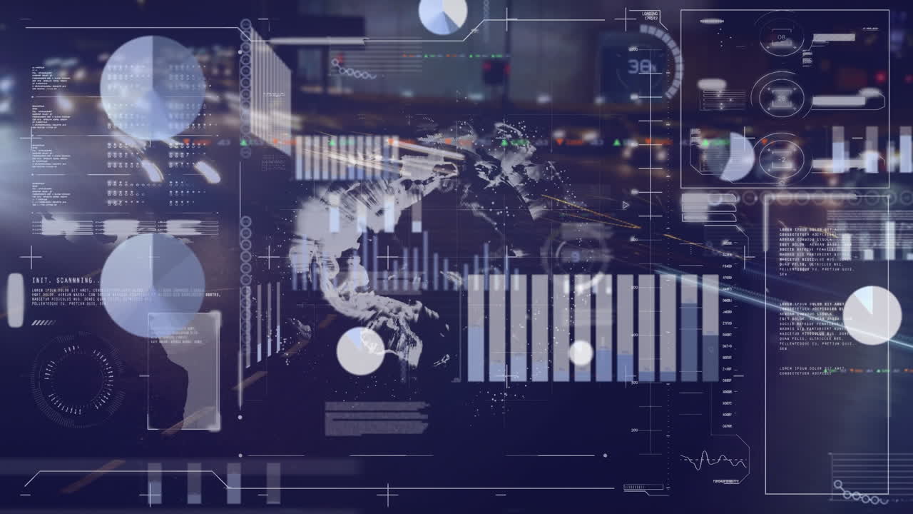 Animation of globe and data processing over cityscape