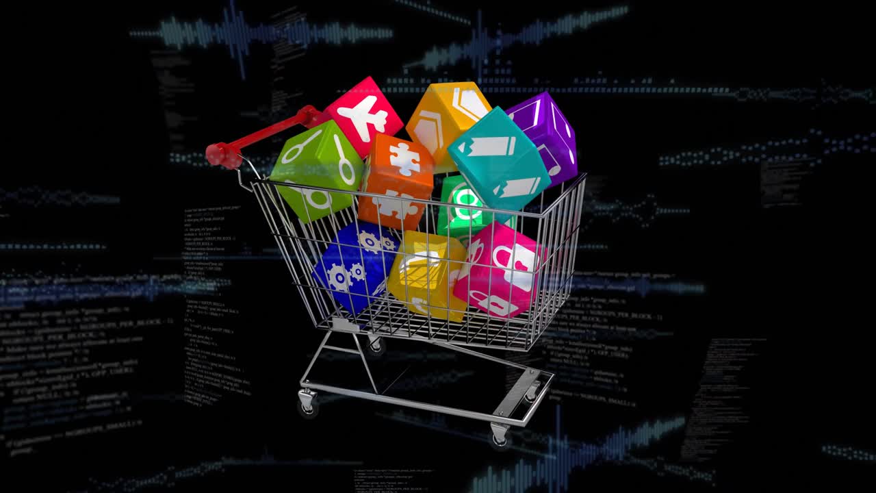 animación digital de iconos sobre cubos en el carrito de compras y ondas digitales sobre fondo negro