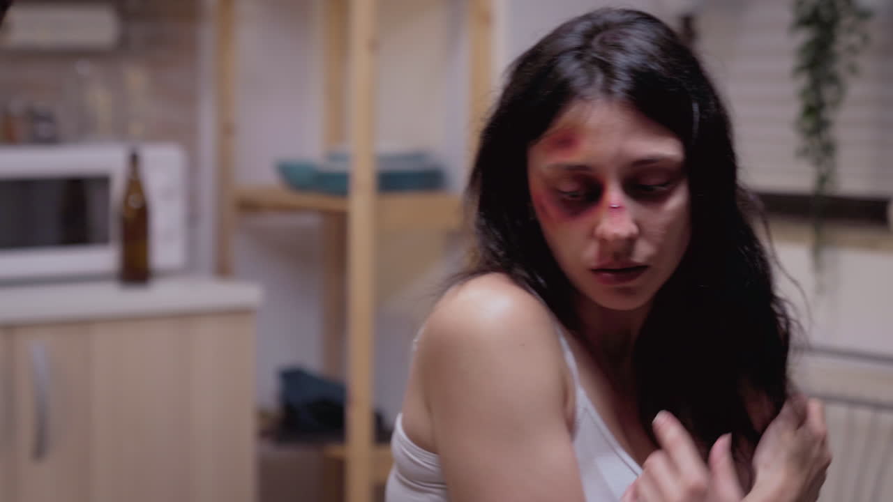 mujer golpeada empujada por un marido violento