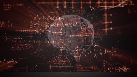 animación del cerebro humano girando sobre ecuaciones matemáticas en la pizarra negra