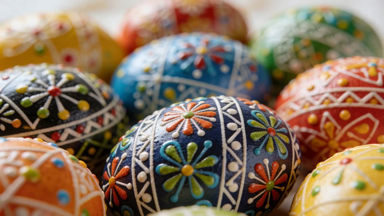 Camera pushing forward and shifting focus, cluster of painted eggs revealing raised dots for craft