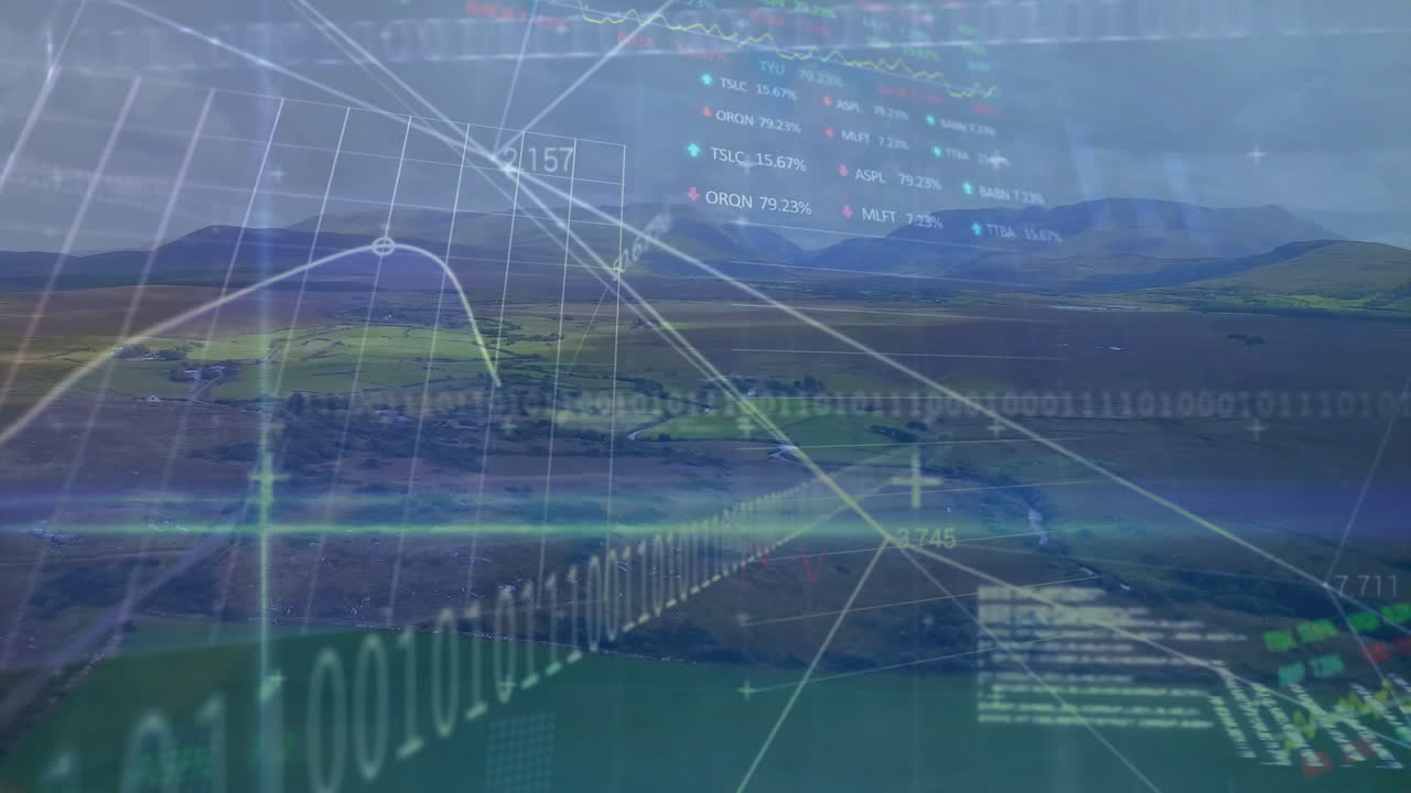 Rural farmland blending financial overlay in flat design, showing grid lines and data values