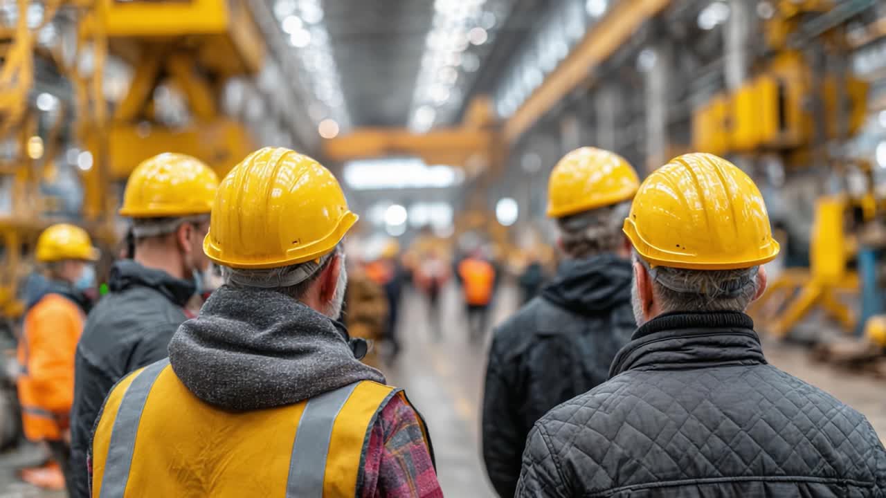 Workers in Safety Helmets Observing Industrial Workplace Activities and Machinery in a Large Factory Setting Surrounded by Equipment and Colleagues