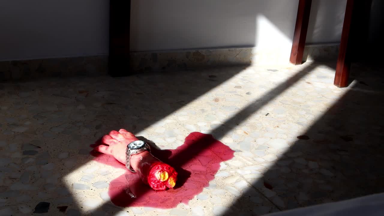 mano cortada sangrando mucho fondo de escena de terror