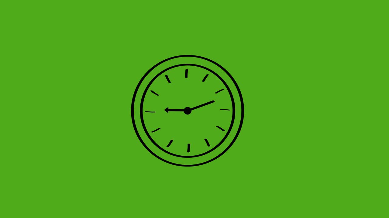 cartoon clock animation on green screen, 12 hour clock 4k video.hand drawn, sketch style.