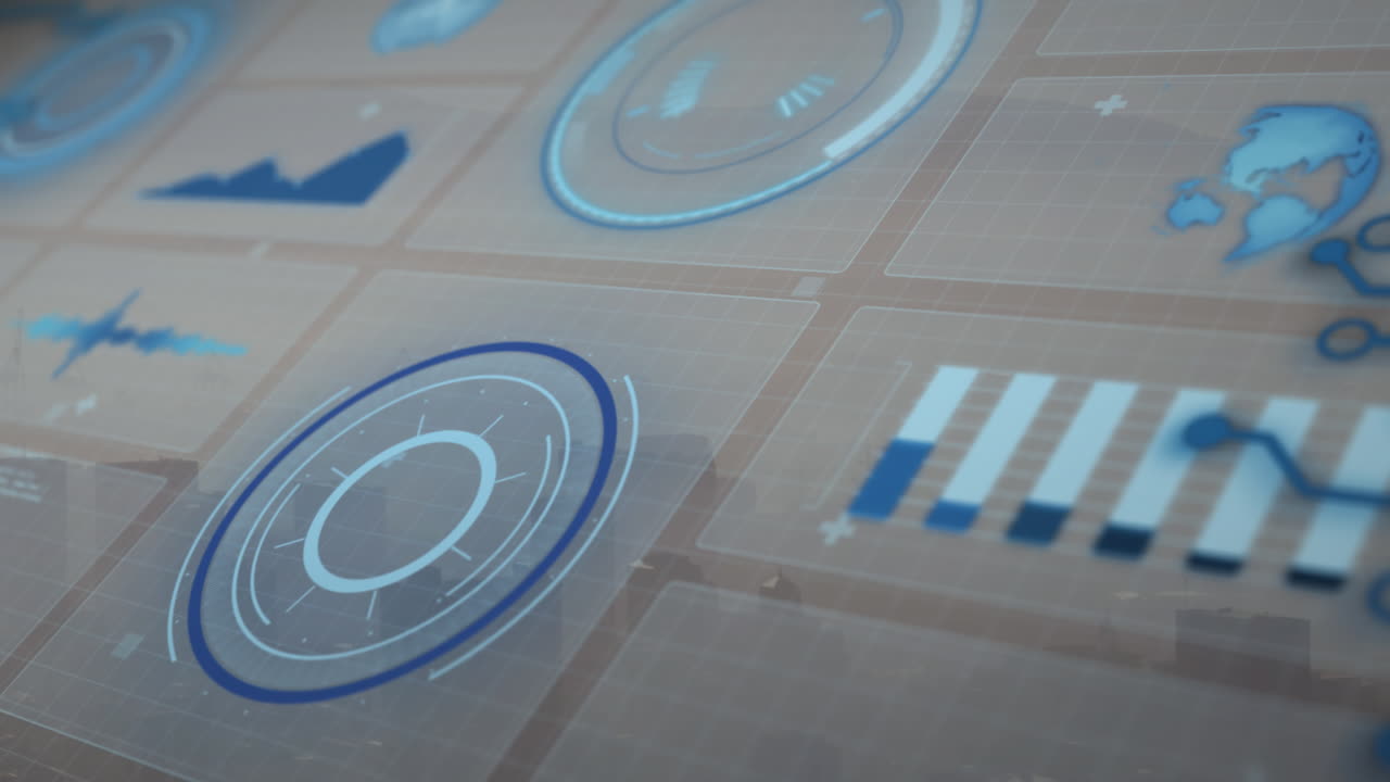 Animation of financial data processing over cityscape