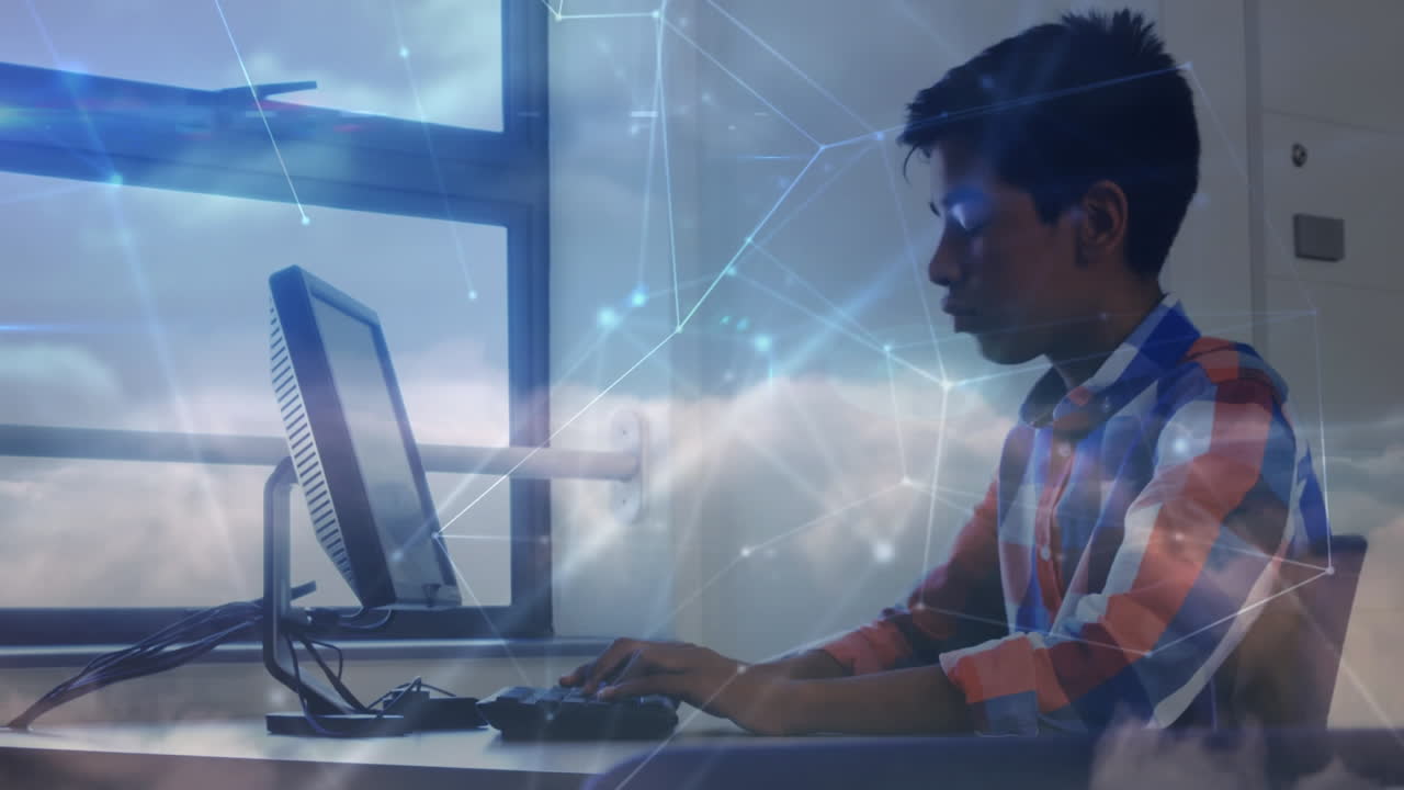 Animation of network of connections over latin male student at school