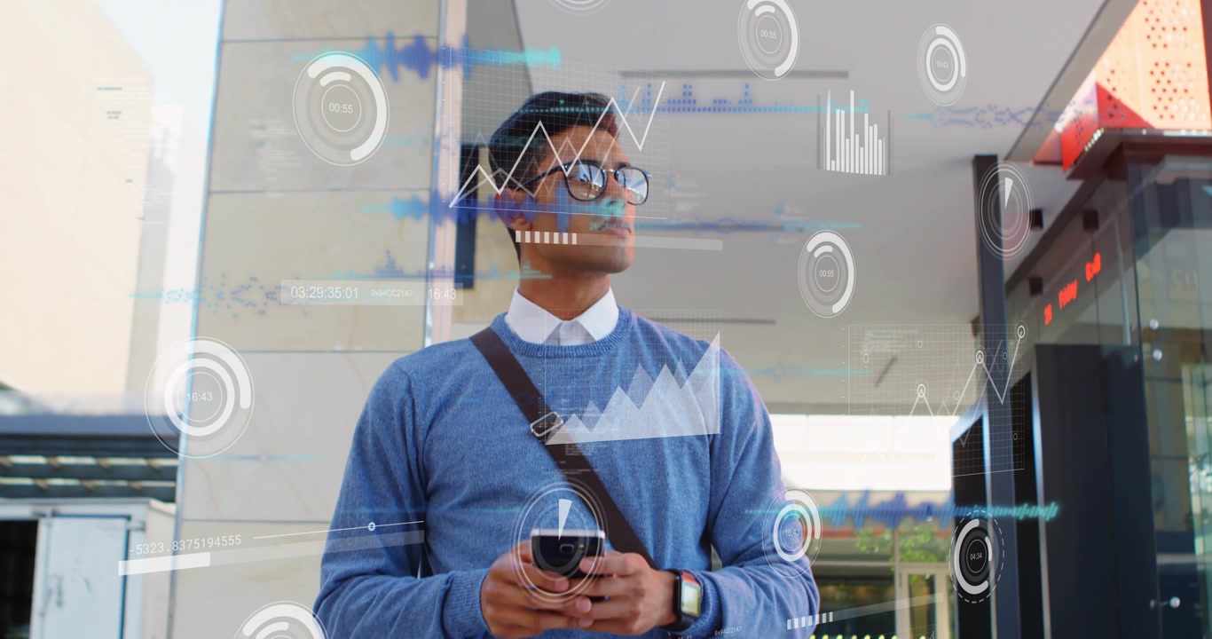 Man tapping smartphone in mall, HUD overlays appearing highlighting retail product details