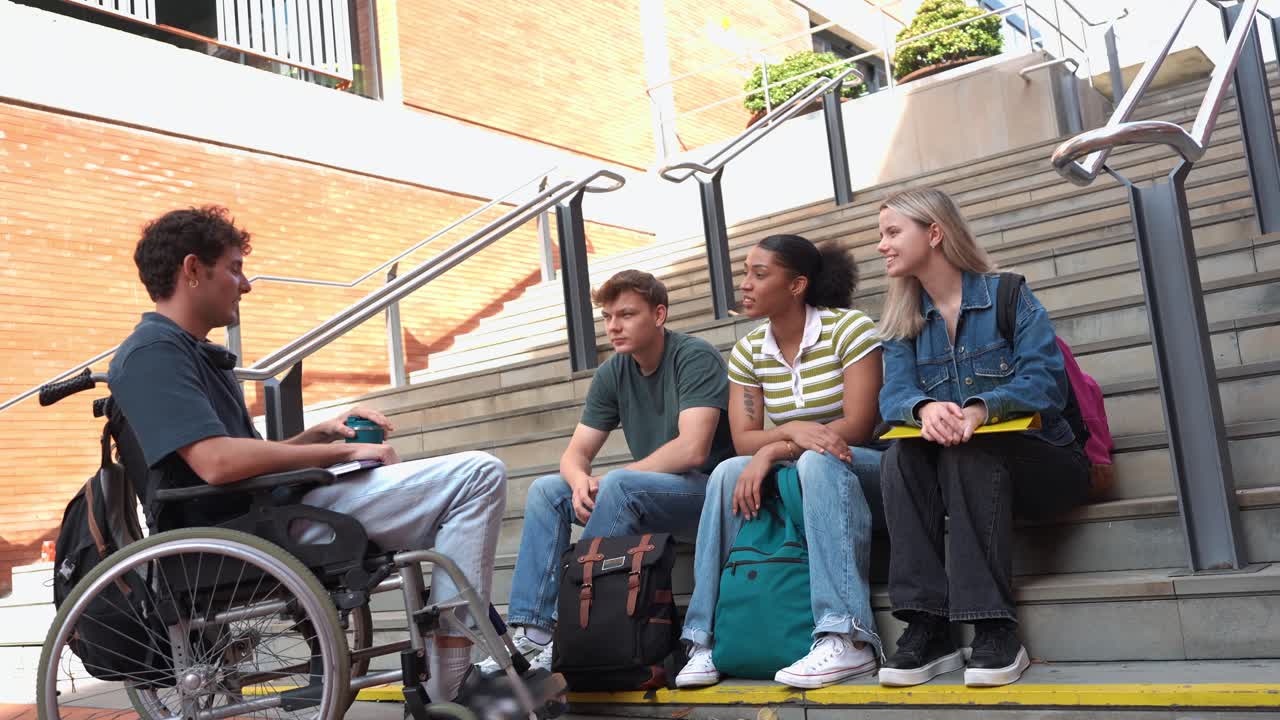 Diverse Group of University Students Talking on Campus Stairs